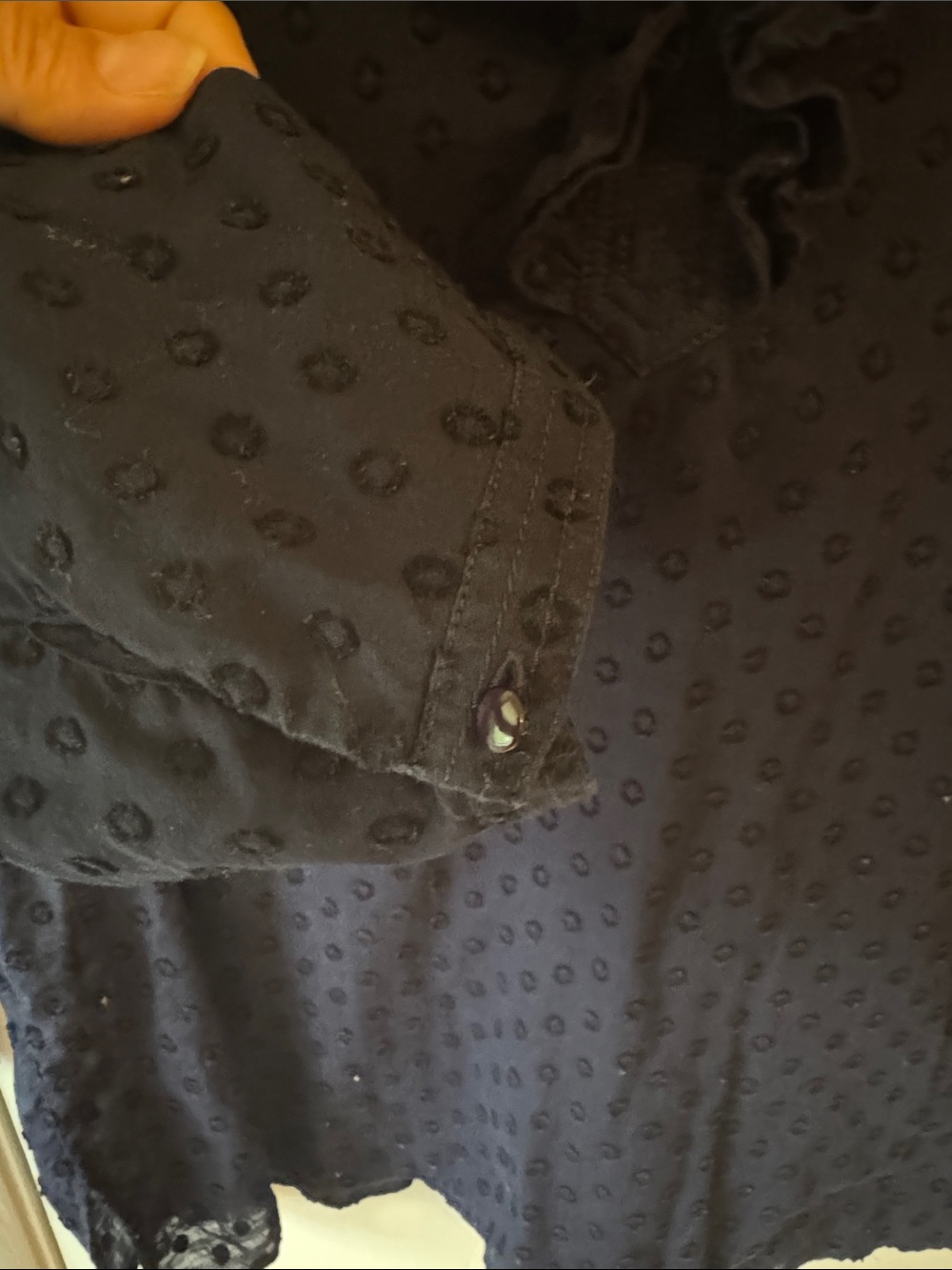 Talbots Navy Swiss-Dot Ruffle V-Neck Top - Picture 6 of 9